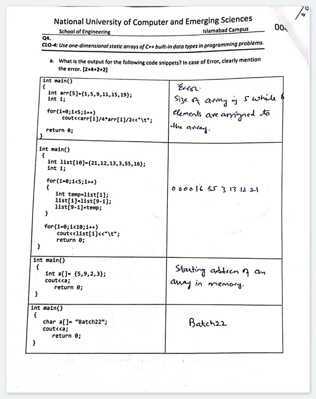 Final Exam – Solved Array Output Questions