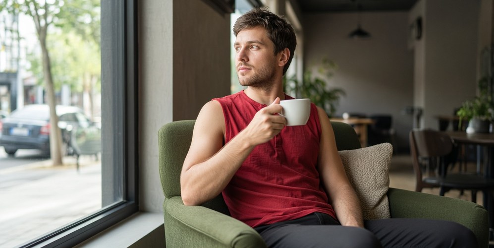 Man seated by a window with coffee