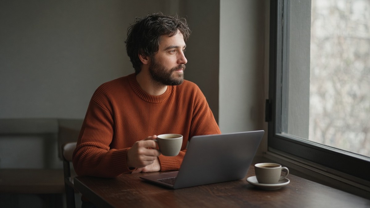 Man with coffee reviewing work on a laptop